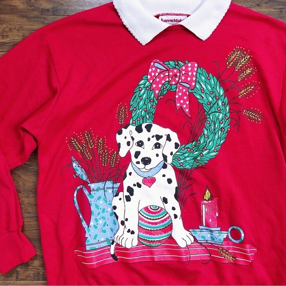vintage • 80s Christmas sweatshirt Dalmatian puppy sweater collared ugly Grandma - Picture 2 of 7